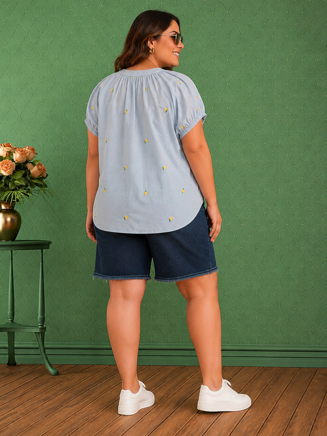 Women Blue Floral Embroidered Cotton Dobby Short-Sleeve Button-Down Top