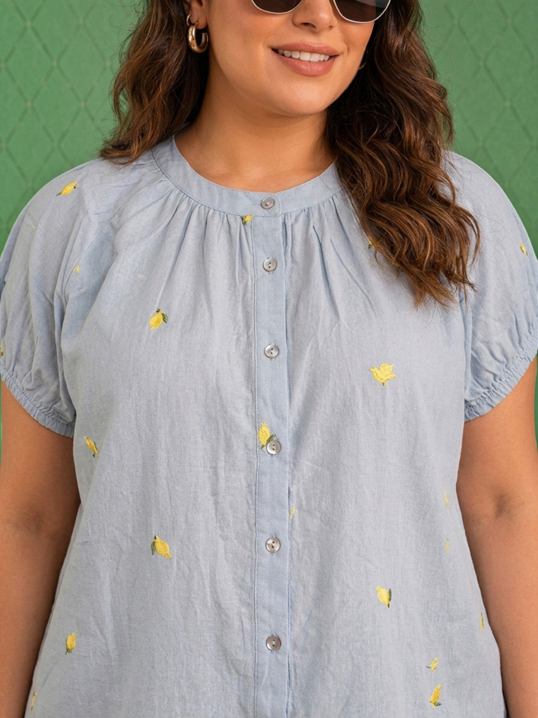 Women Blue Floral Embroidered Cotton Dobby Short-Sleeve Button-Down Top