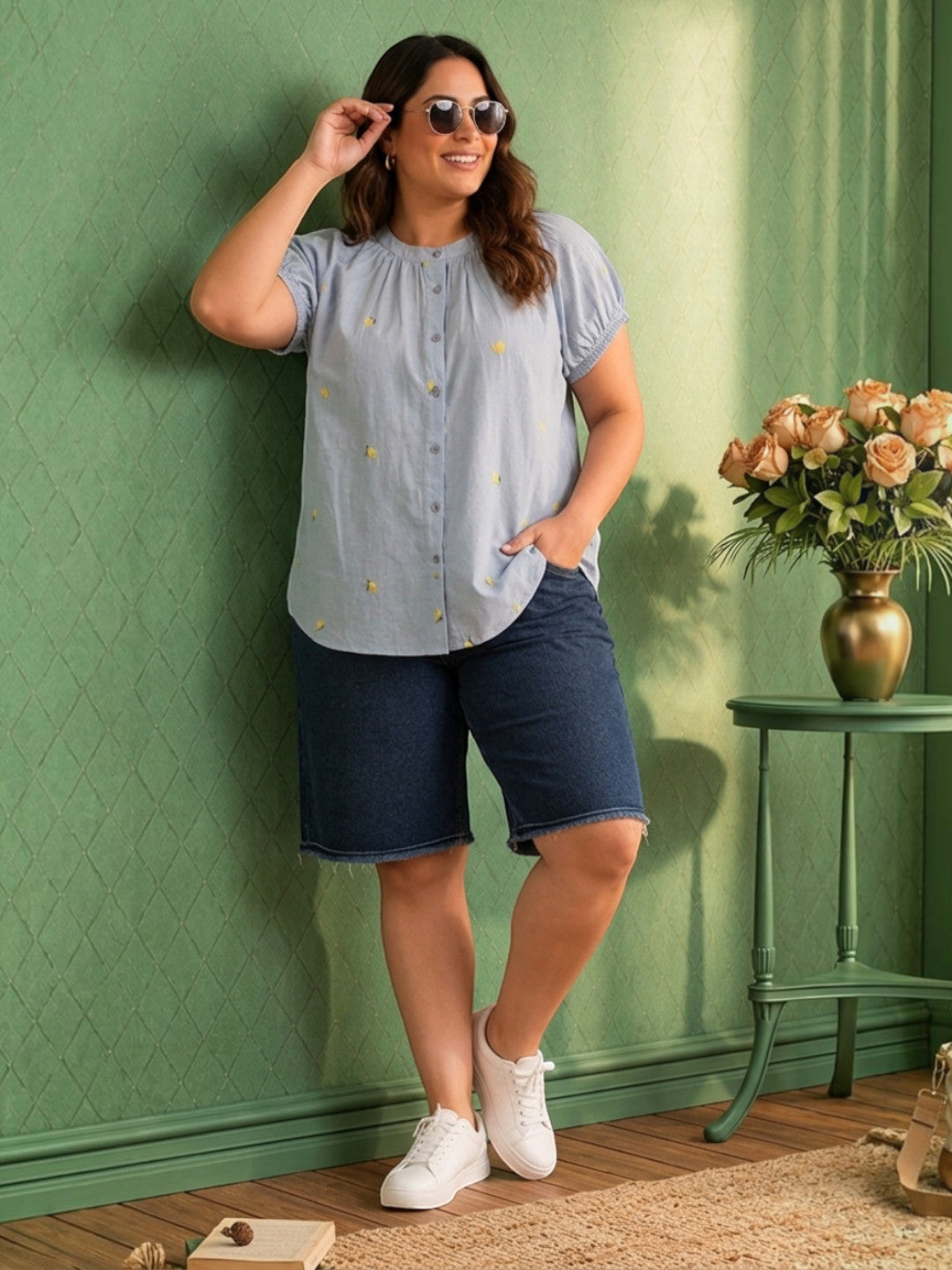 Women Blue Floral Embroidered Cotton Dobby Short-Sleeve Button-Down Top
