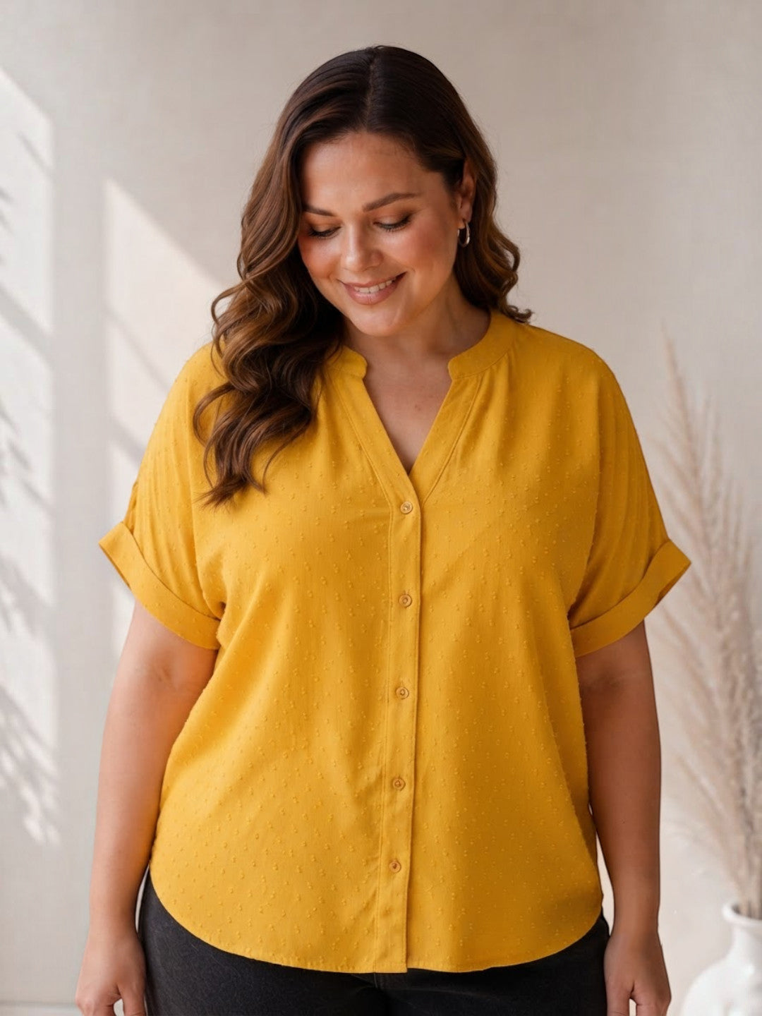 Women Plus Size Yellow Stripes Cotton Top Oxolloxo