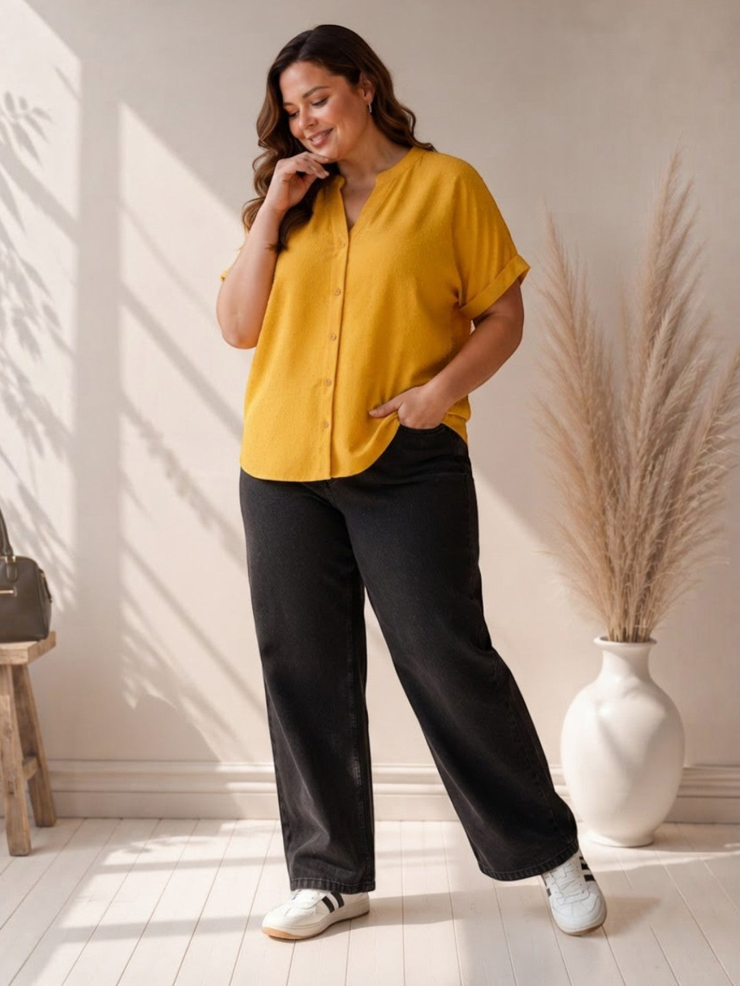 Women Plus Size Yellow Stripes Cotton Top Oxolloxo