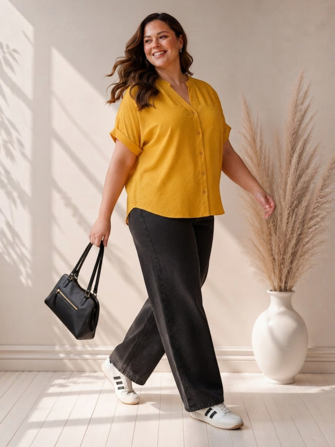 Women Plus Size Yellow Stripes Cotton Top Oxolloxo