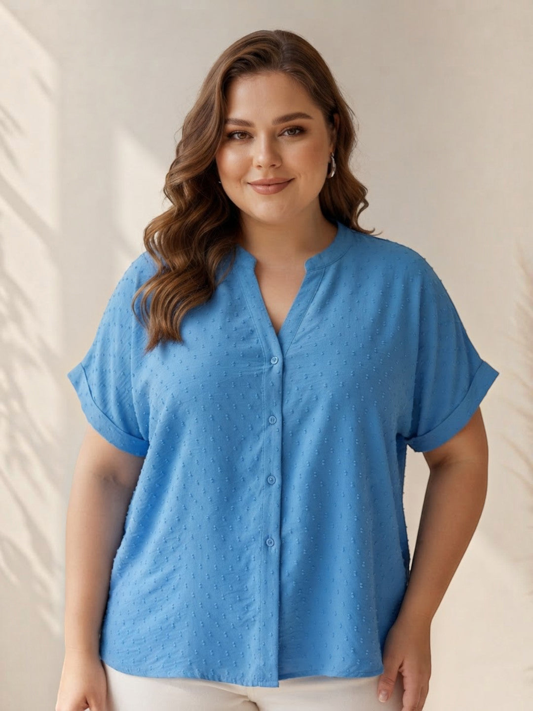 Women Plus Size Blue Dobby Swiss Dot Viscose Top Oxolloxo
