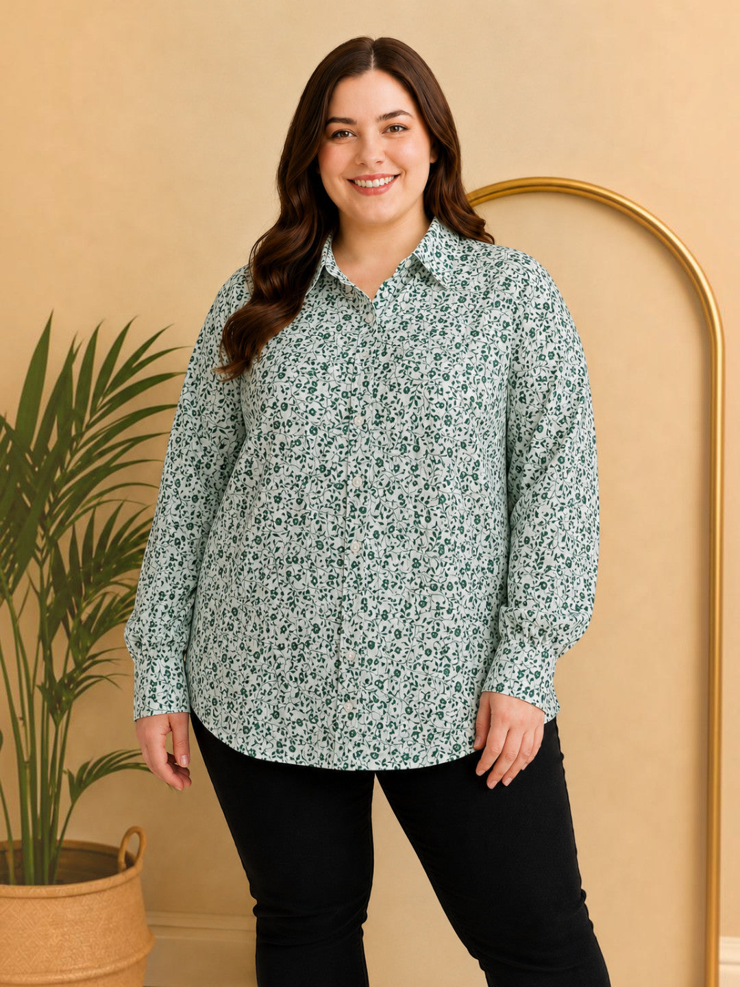 Women Plus Size Green Floral Viscose Shirt Oxolloxo