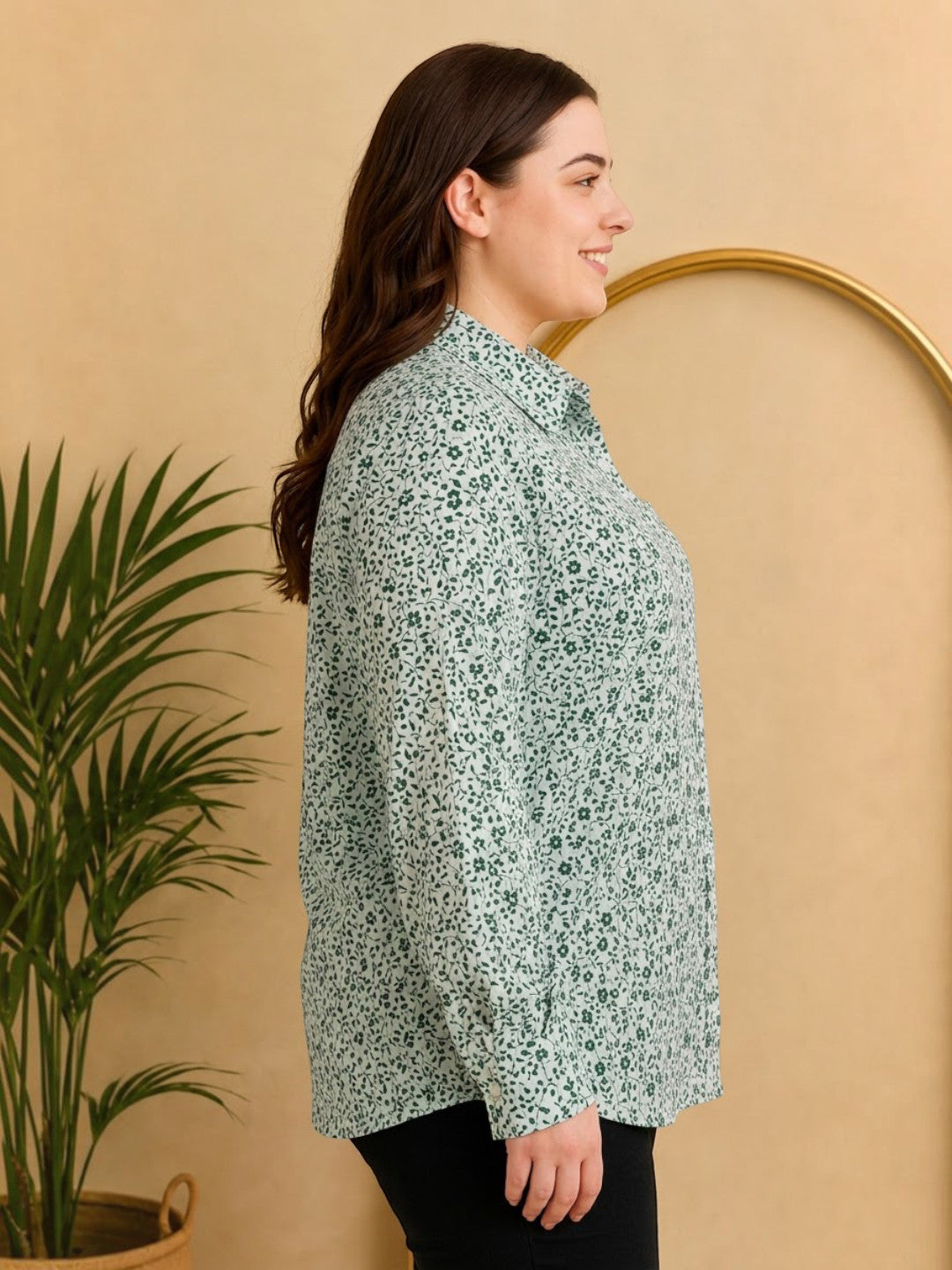 Women Plus Size Green Floral Viscose Shirt Oxolloxo