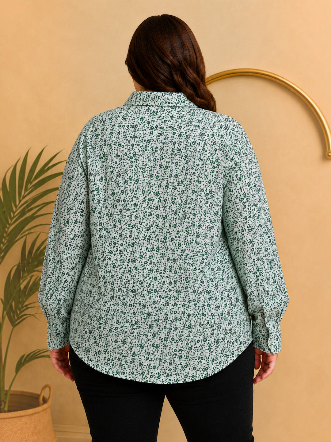 Women Plus Size Green Floral Viscose Shirt Oxolloxo