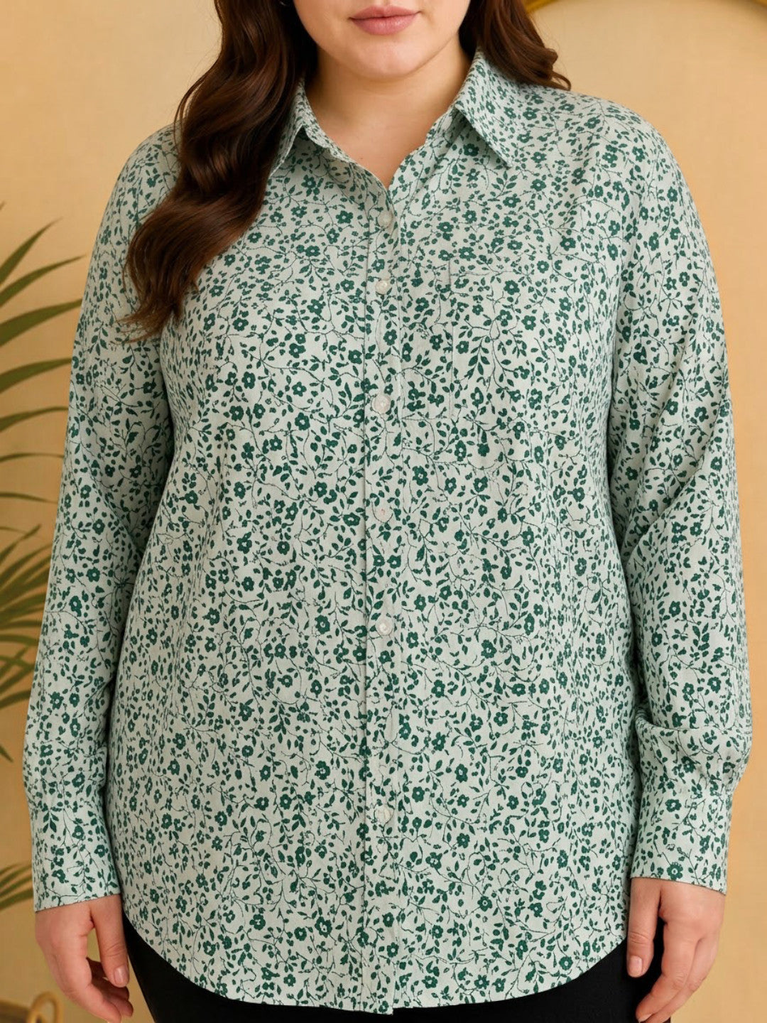 Women Plus Size Green Floral Viscose Shirt Oxolloxo