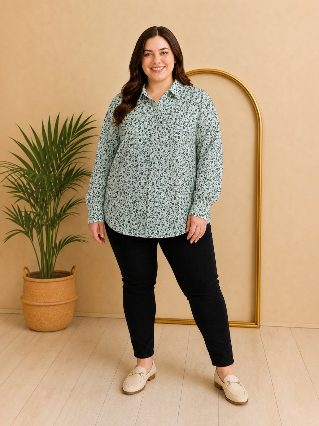 Women Plus Size Green Floral Viscose Shirt Oxolloxo