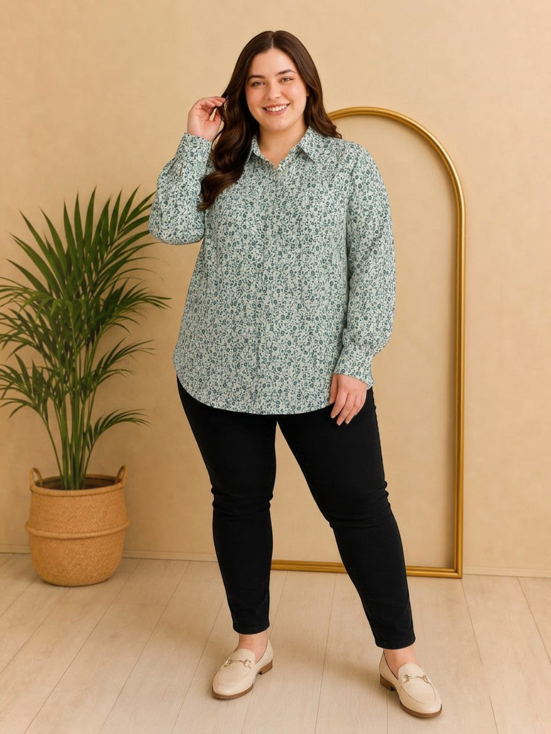 Women Plus Size Green Floral Viscose Shirt Oxolloxo