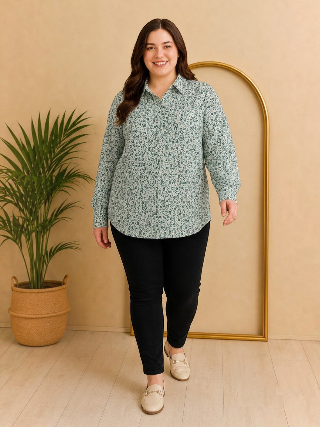 Women Plus Size Green Floral Viscose Shirt Oxolloxo