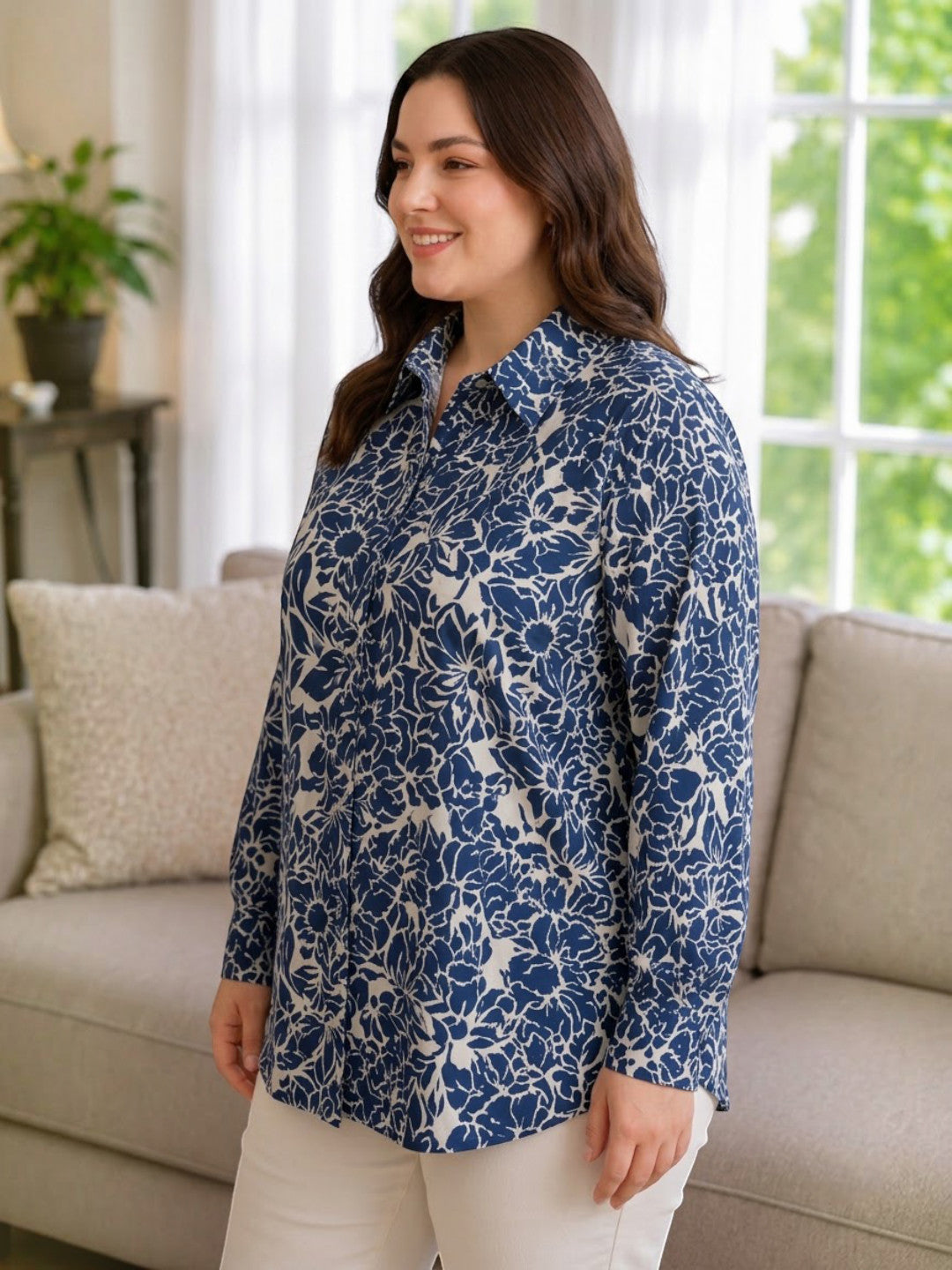 Women Plus Size Blue Floral Viscose Shirt Oxolloxo