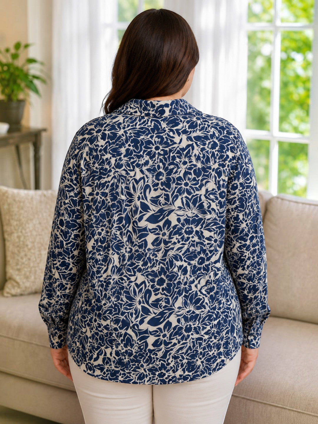 Women Plus Size Blue Floral Viscose Shirt Oxolloxo