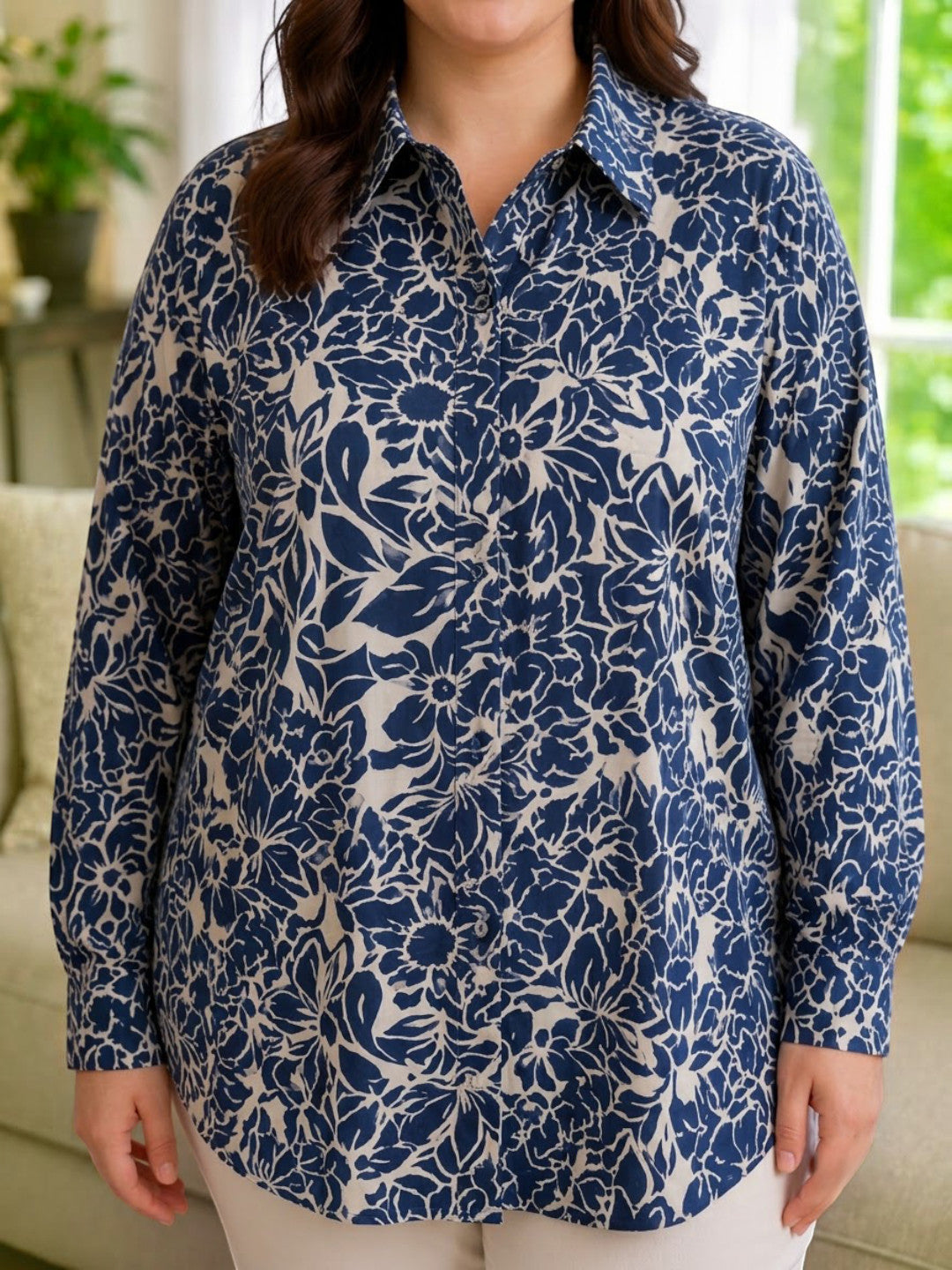 Women Plus Size Blue Floral Viscose Shirt Oxolloxo
