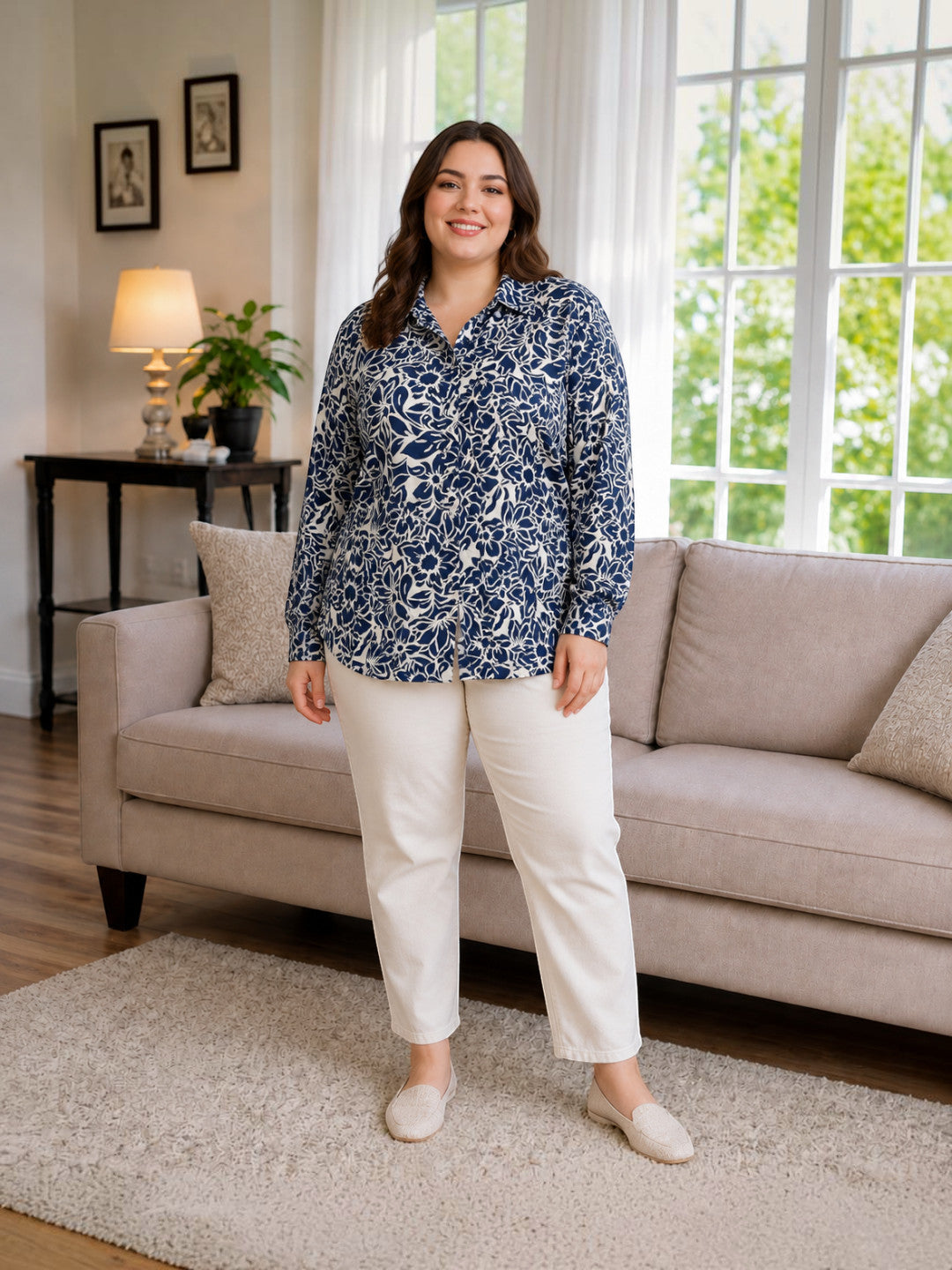 Women Plus Size Blue Floral Viscose Shirt Oxolloxo