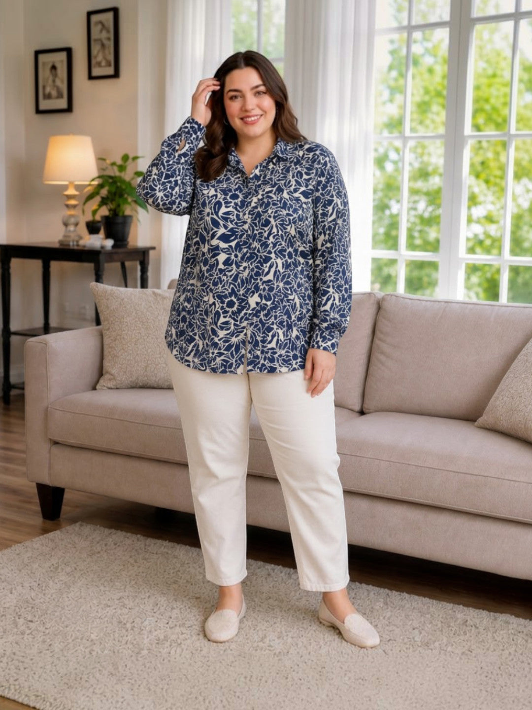 Women Plus Size Blue Floral Viscose Shirt Oxolloxo