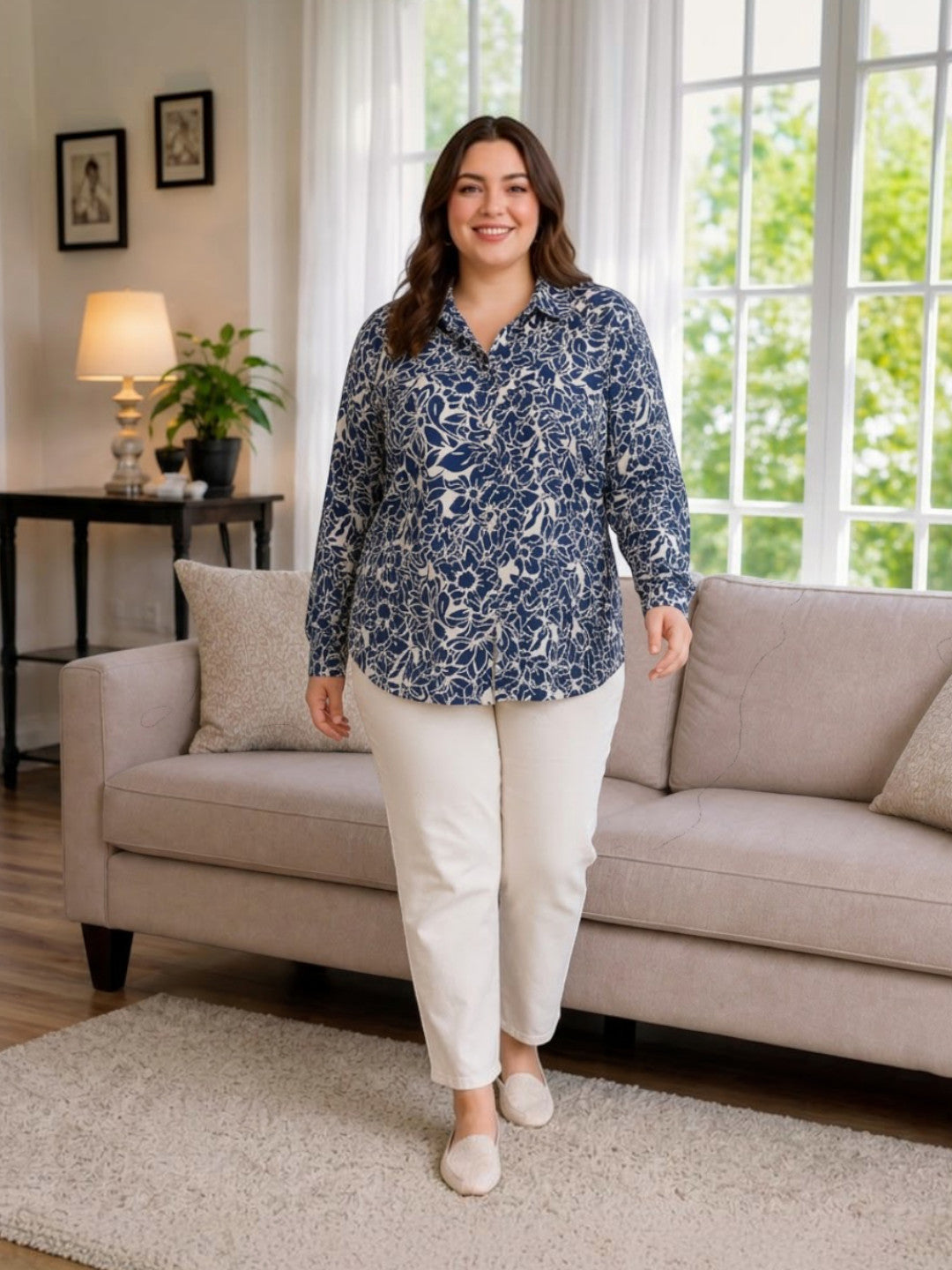 Women Plus Size Blue Floral Viscose Shirt Oxolloxo