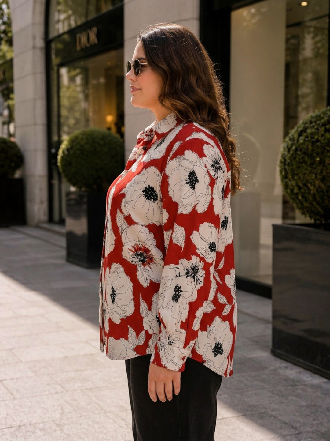 Women Plus Size Red Floral Shirt Oxolloxo