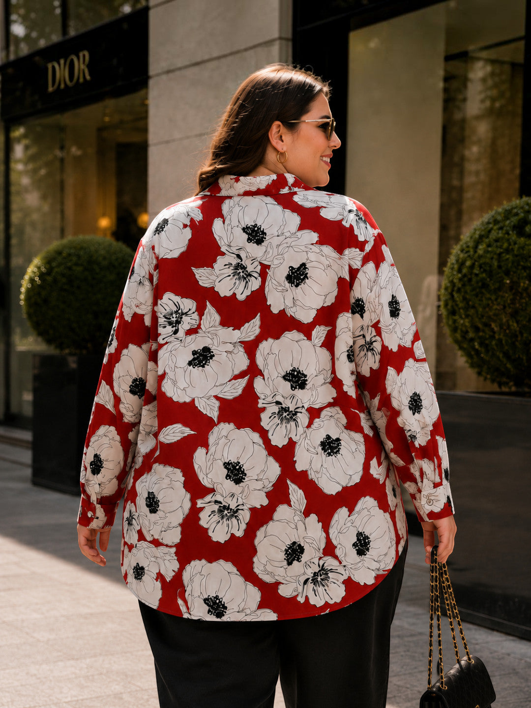 Women Plus Size Red Floral Shirt Oxolloxo