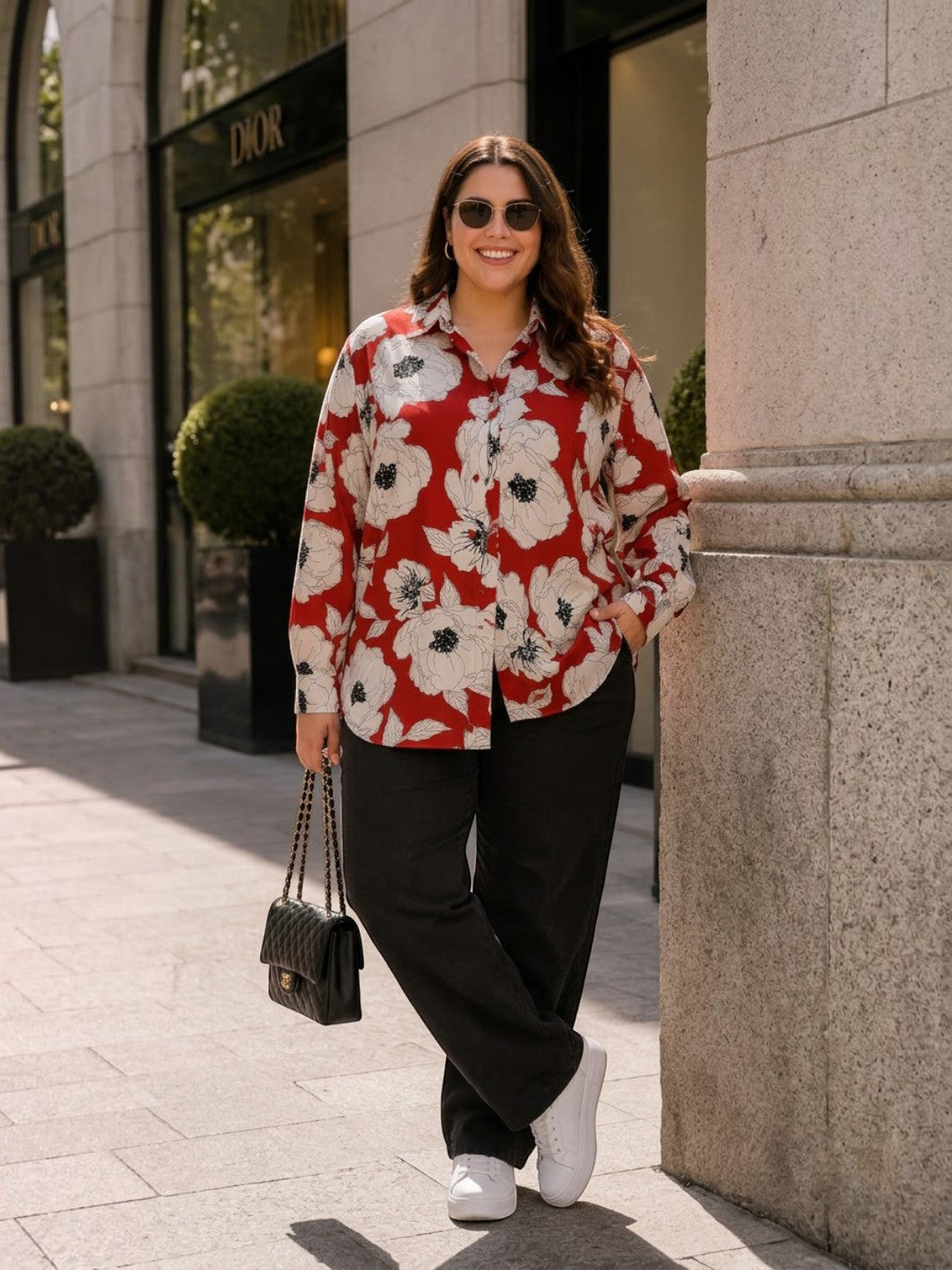 Women Plus Size Red Floral Shirt Oxolloxo