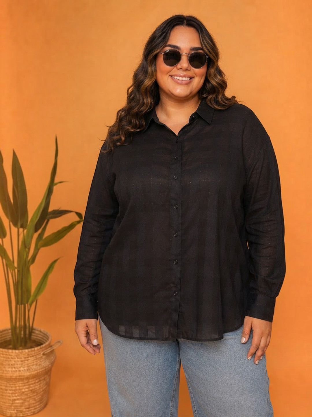 Women Plus Size Black Dobby Shirt Oxolloxo