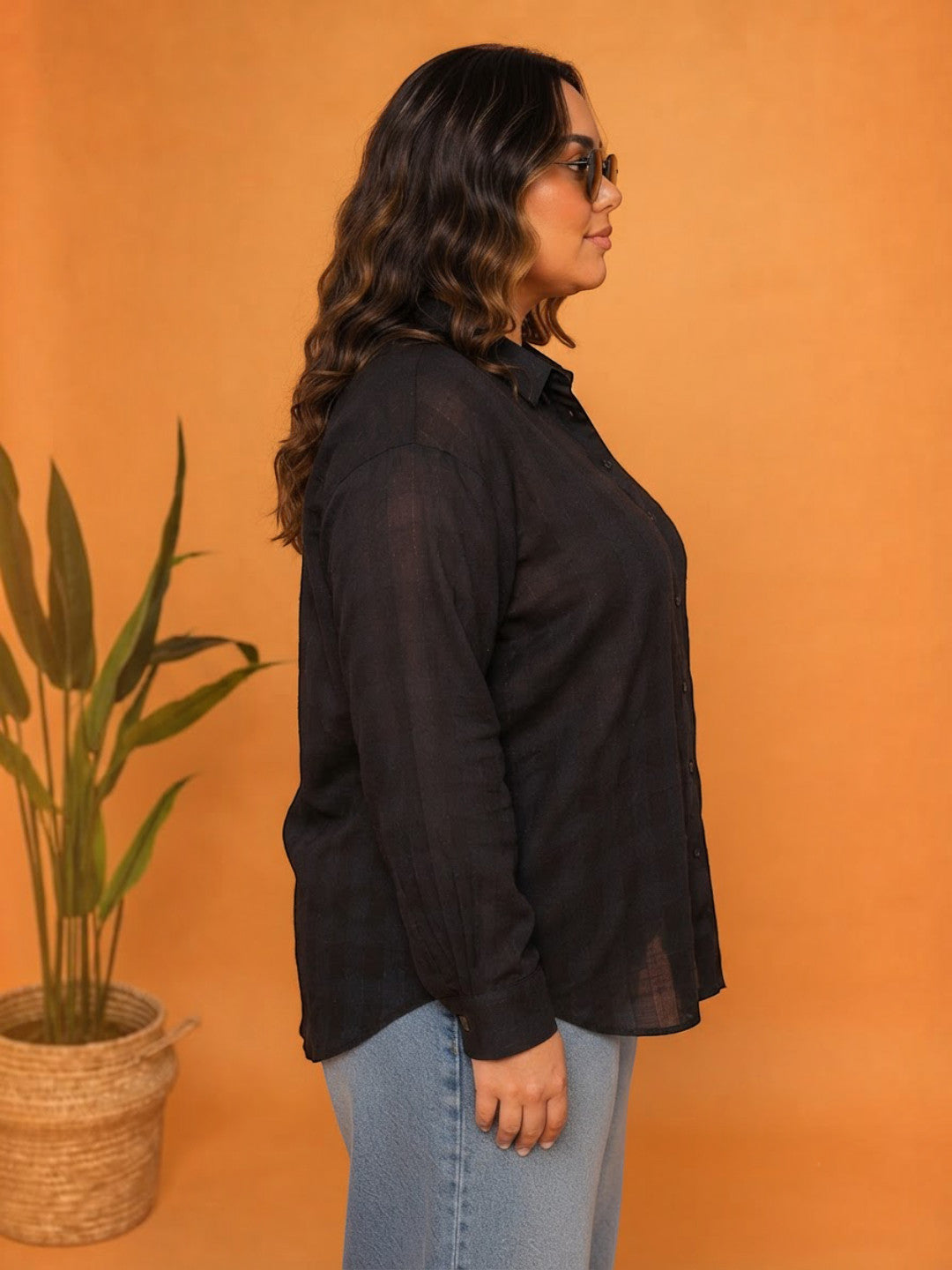 Women Plus Size Black Dobby Shirt Oxolloxo