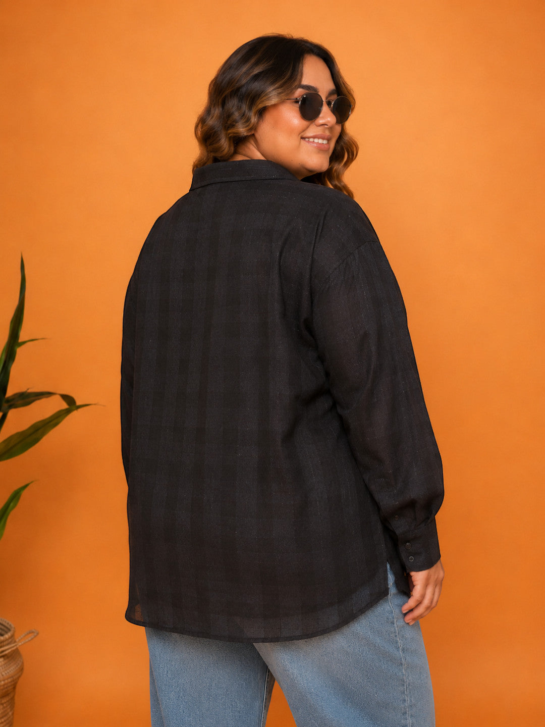 Women Plus Size Black Dobby Shirt Oxolloxo