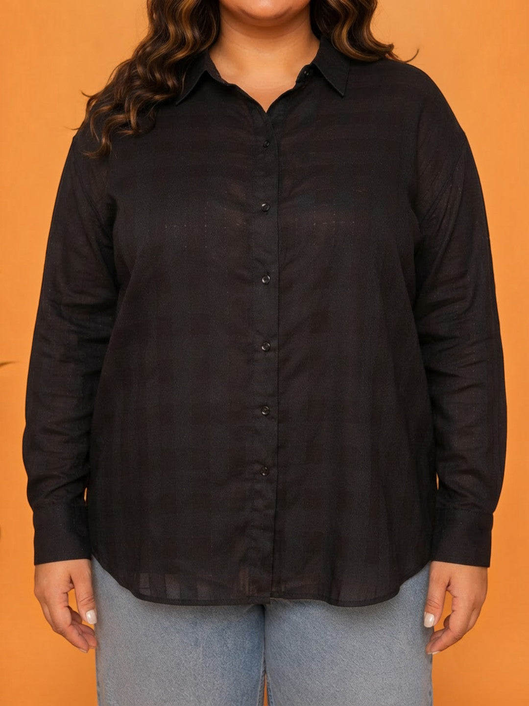 Women Plus Size Black Dobby Shirt Oxolloxo