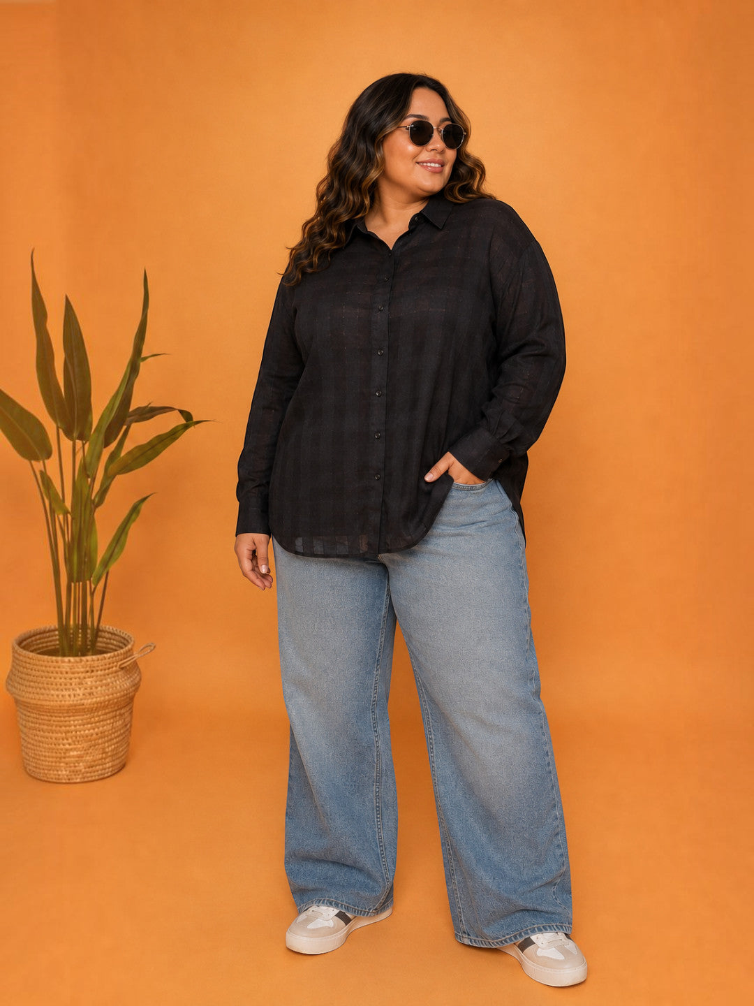 Women Plus Size Black Dobby Shirt Oxolloxo