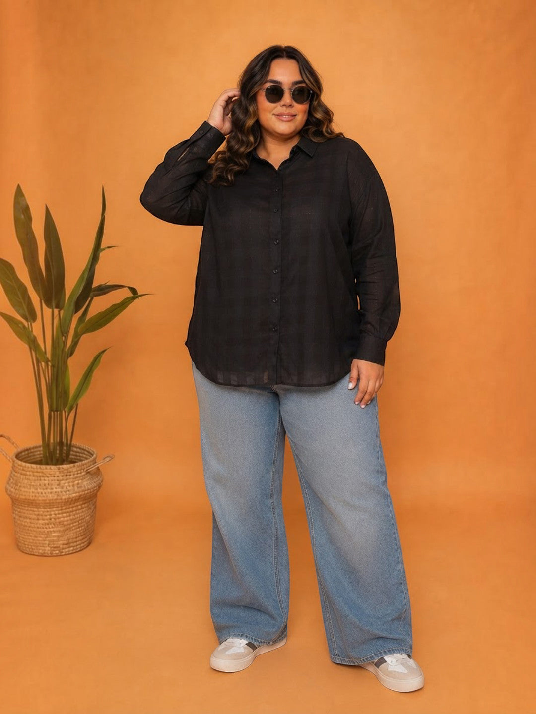 Women Plus Size Black Dobby Shirt Oxolloxo