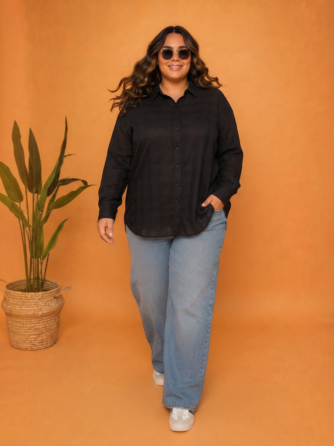Women Plus Size Black Dobby Shirt Oxolloxo