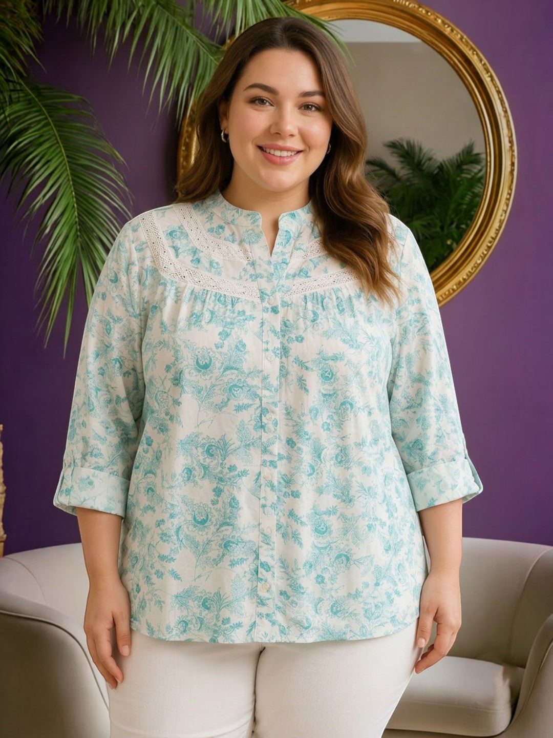 Women Plus Size Green Floral Cotton Shirt Oxolloxo