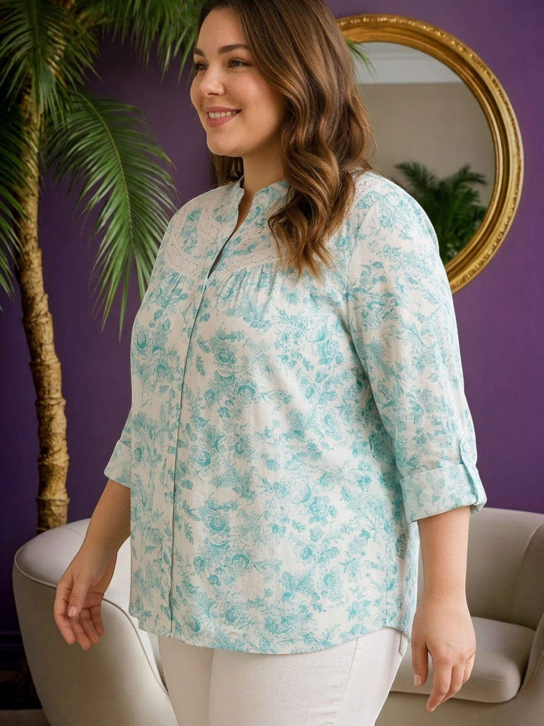Women Plus Size Green Floral Cotton Shirt Oxolloxo