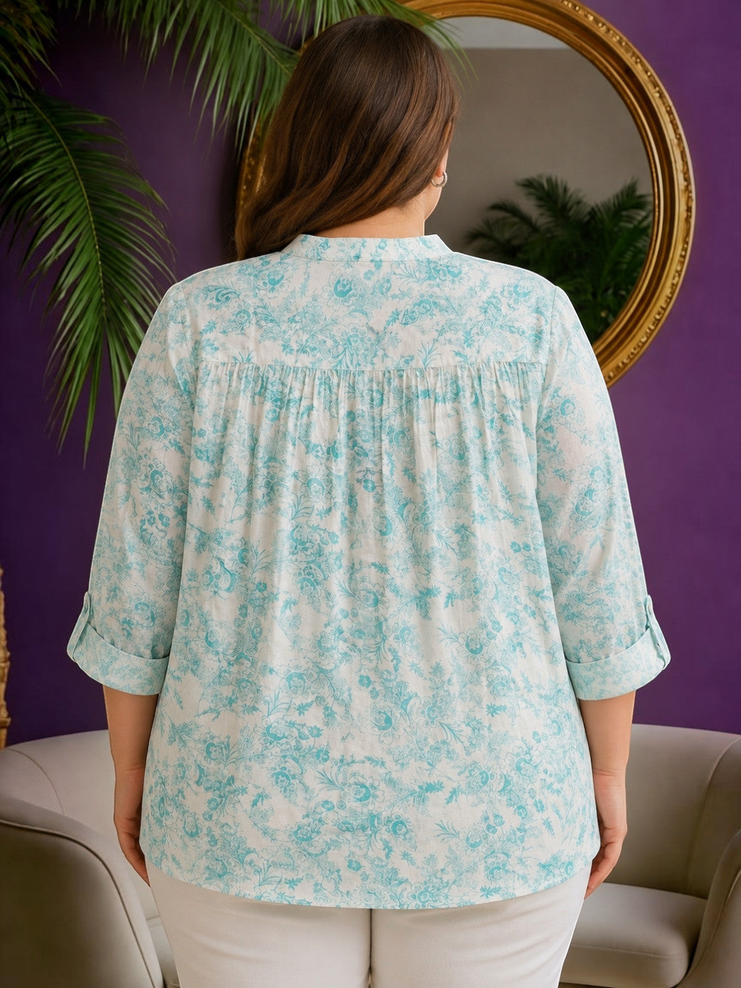 Women Plus Size Green Floral Cotton Shirt Oxolloxo