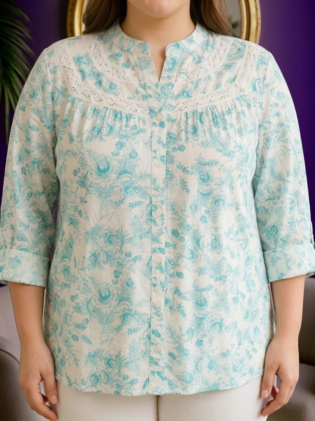 Women Plus Size Green Floral Cotton Shirt Oxolloxo