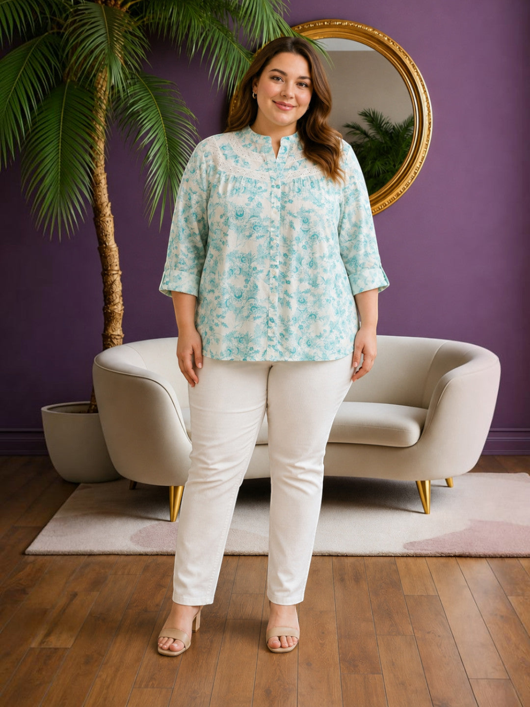 Women Plus Size Green Floral Cotton Shirt Oxolloxo