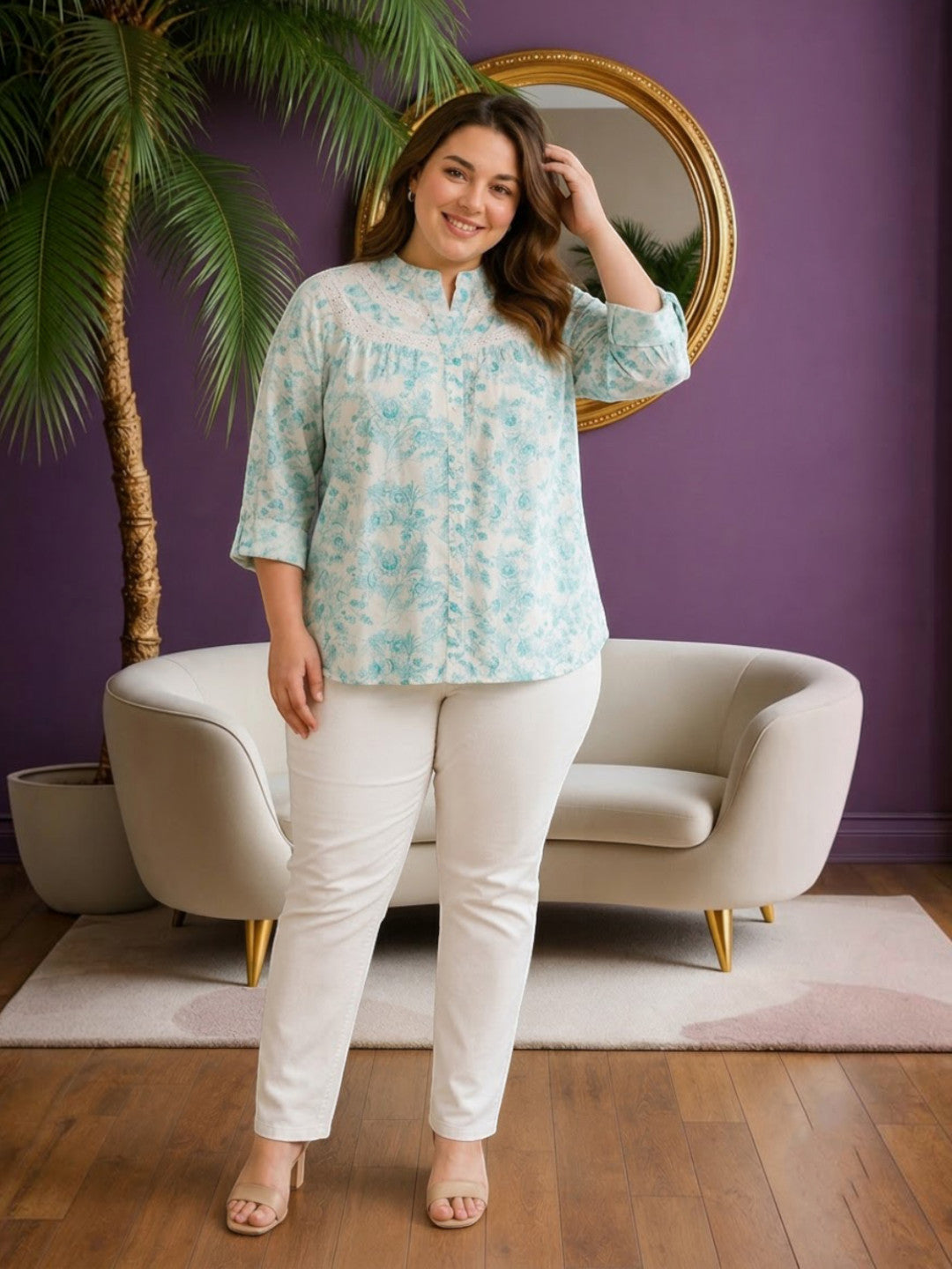 Women Plus Size Green Floral Cotton Shirt Oxolloxo