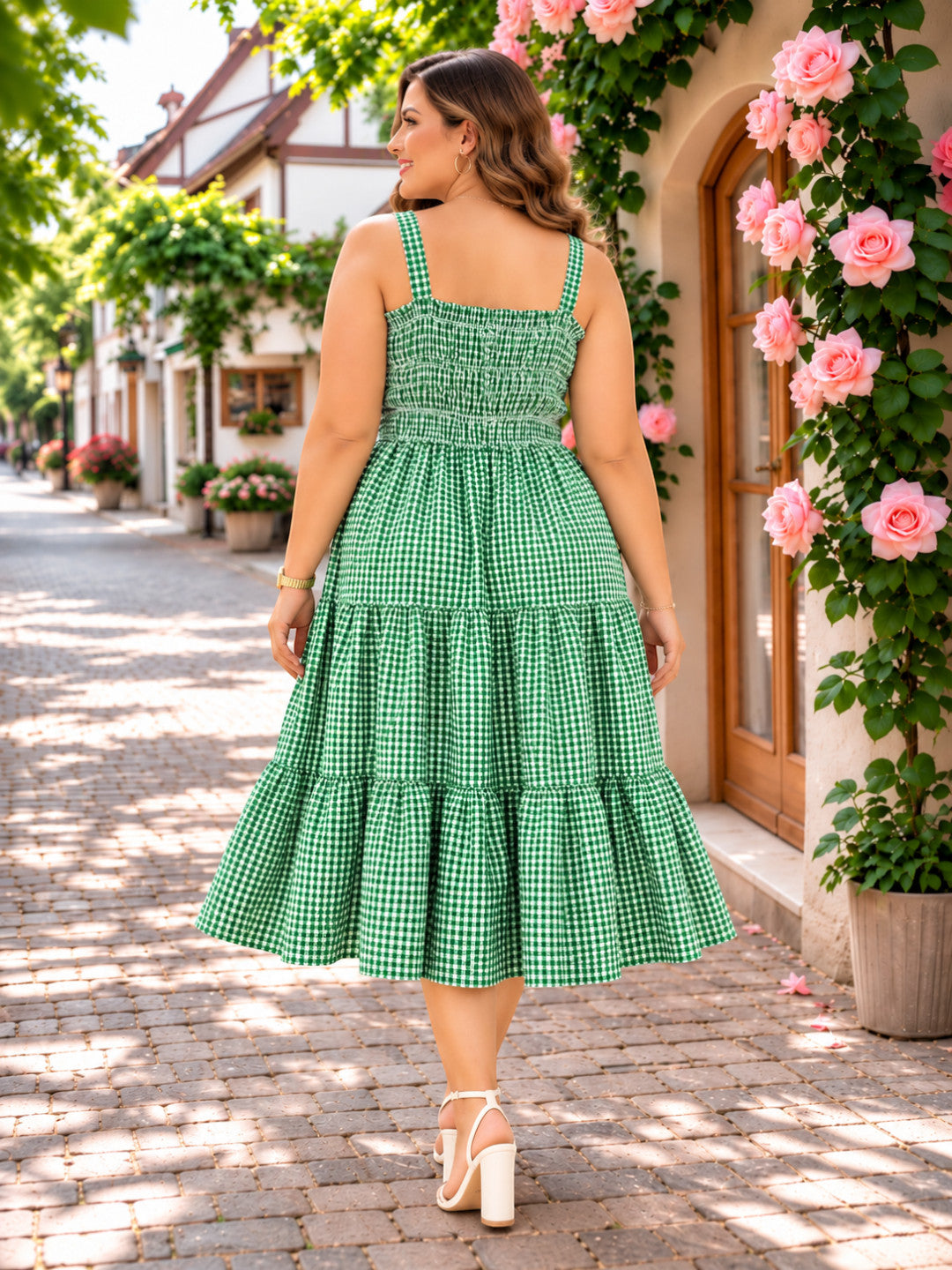 Women Plus Size Green Check Square Neck Smocked Cotton Midi Dress
