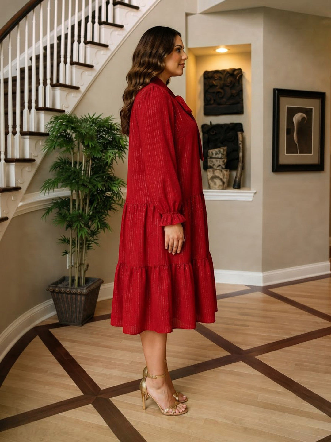 Women Plus Size Red Shimmer Tie-Neck Full Sleeve Tiered Midi Dress