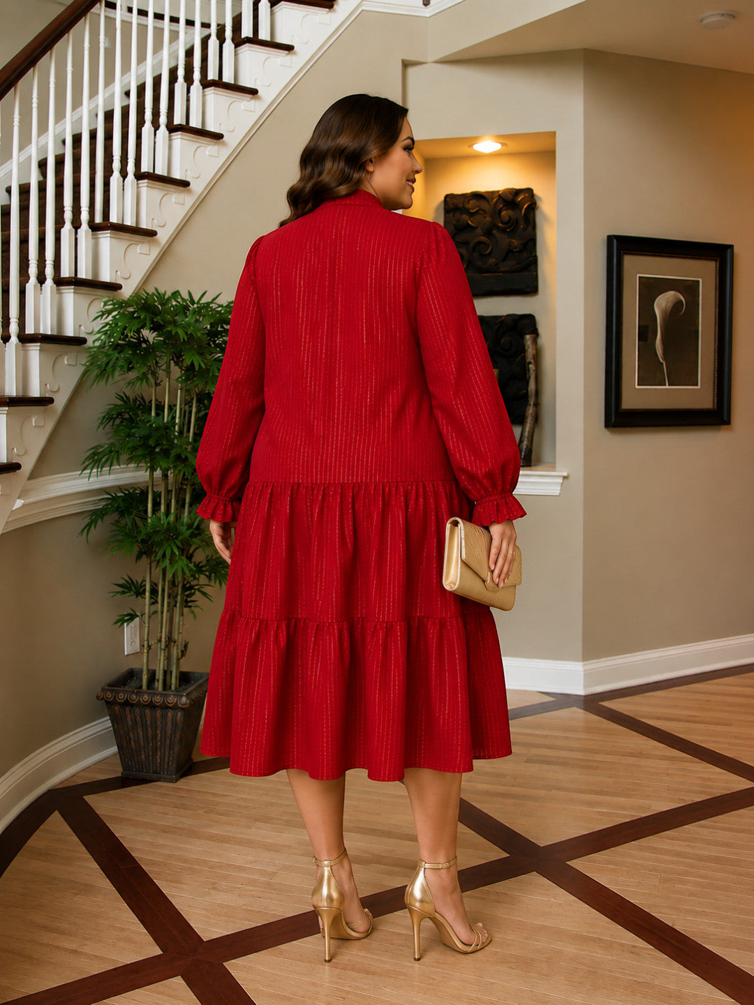 Women Plus Size Red Shimmer Tie-Neck Full Sleeve Tiered Midi Dress