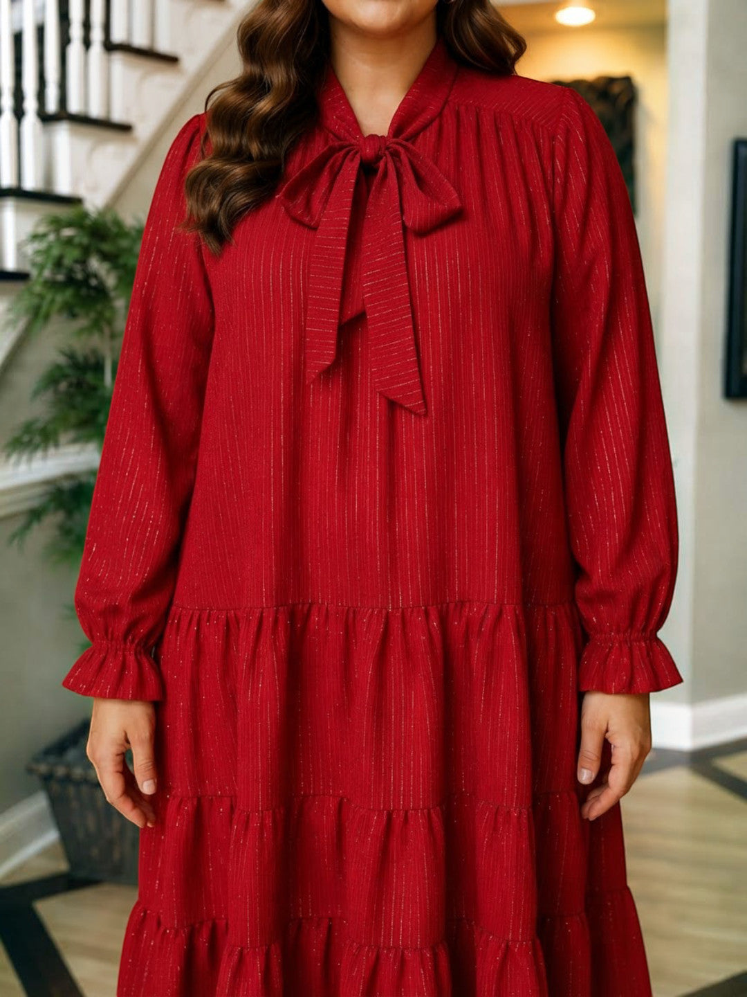 Women Plus Size Red Shimmer Tie-Neck Full Sleeve Tiered Midi Dress