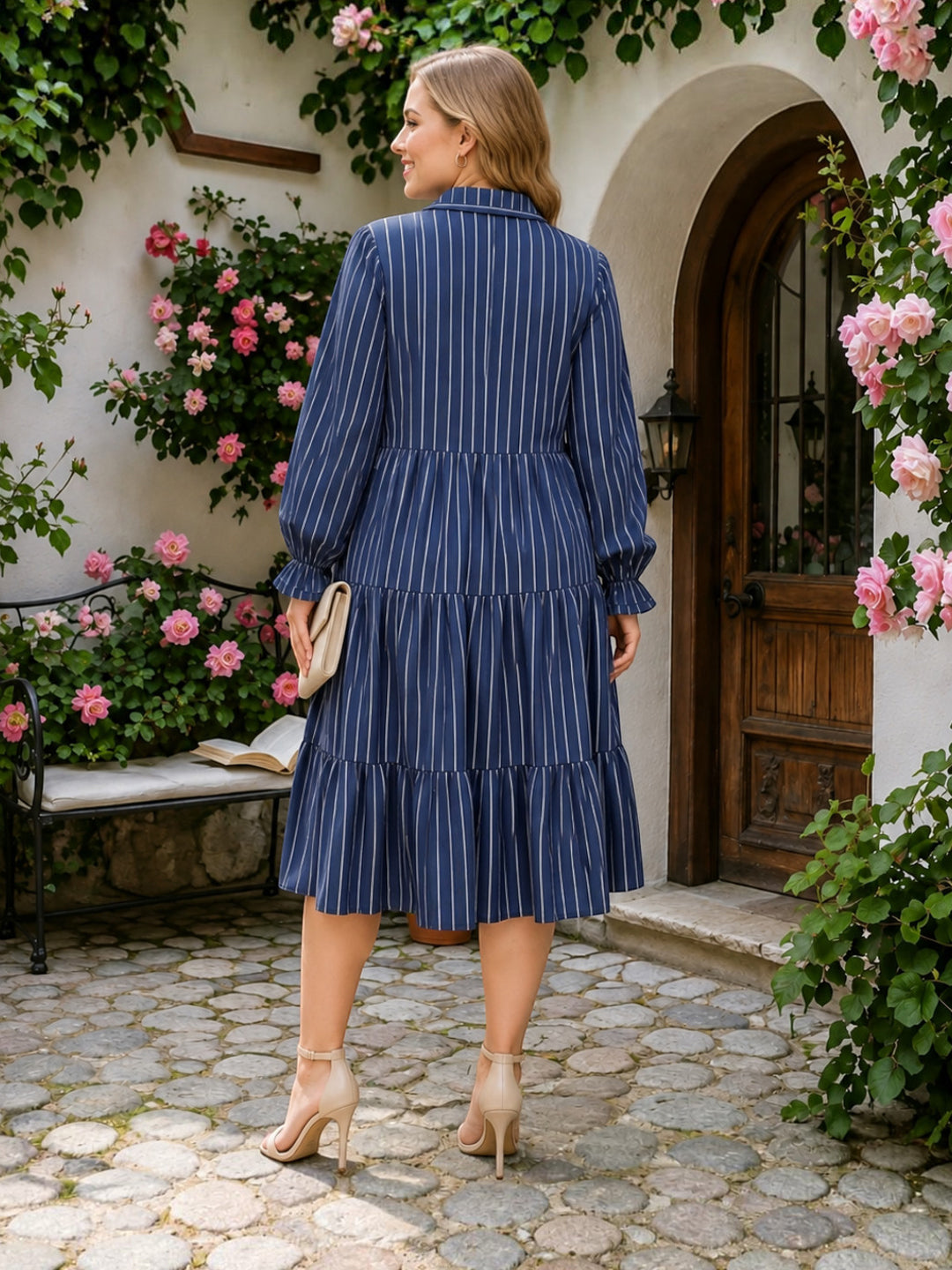 Women Plus Size Blue Striped Tie-Neck Full Sleeve Tiered Midi Dress