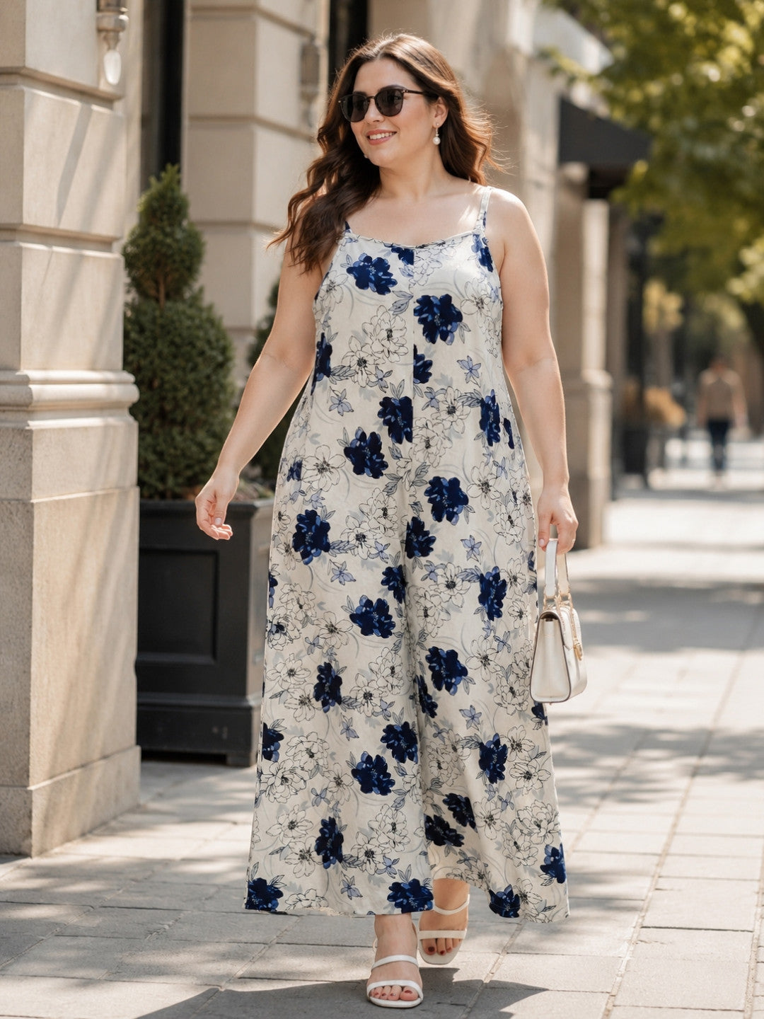 Women Plus Size White Floral Print V-Neck Sleeveless Cotton Dobby Jumpsuit - image 1