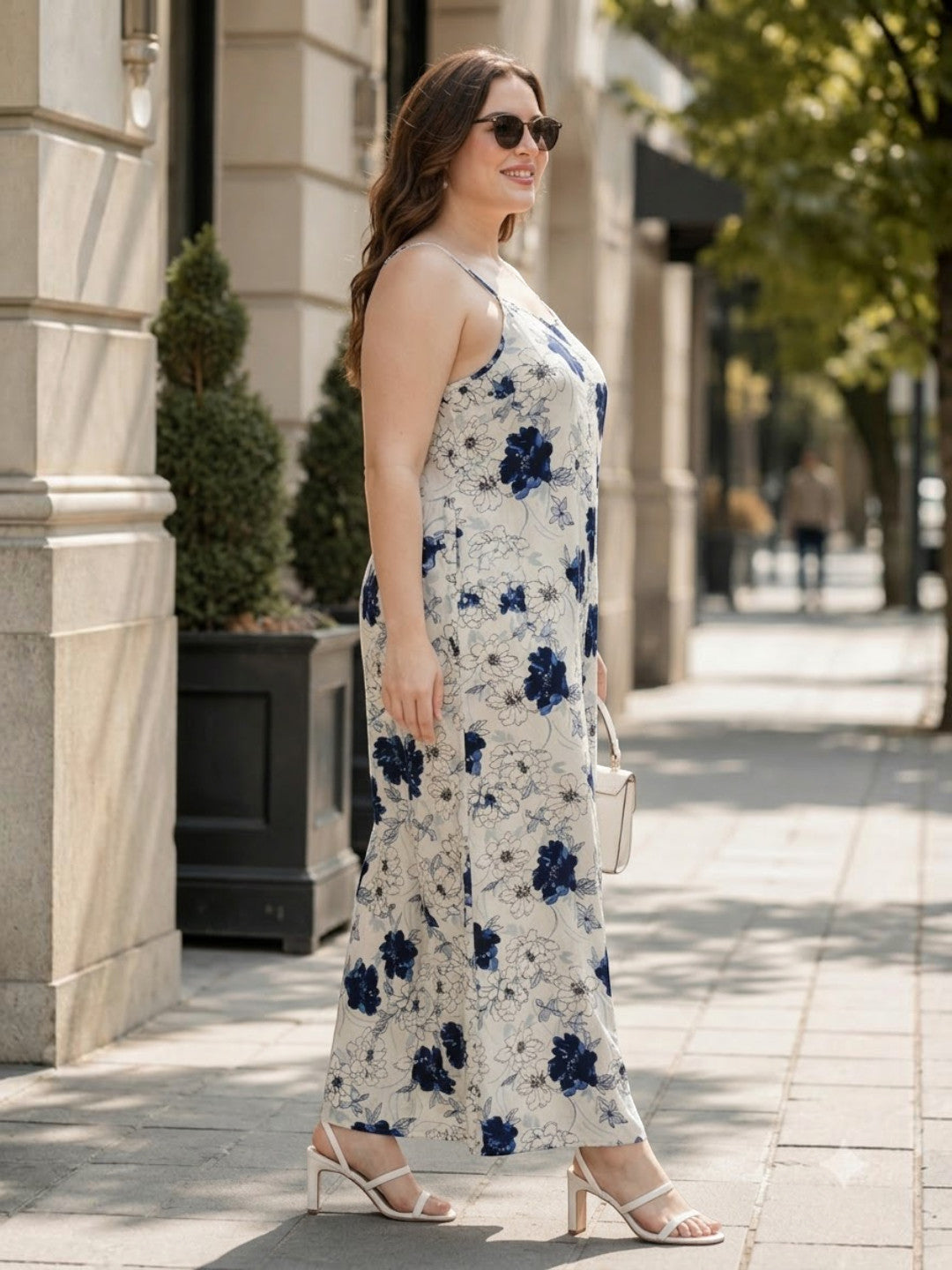 Women Plus Size White Floral Print V-Neck Sleeveless Cotton Dobby Jumpsuit - image 2