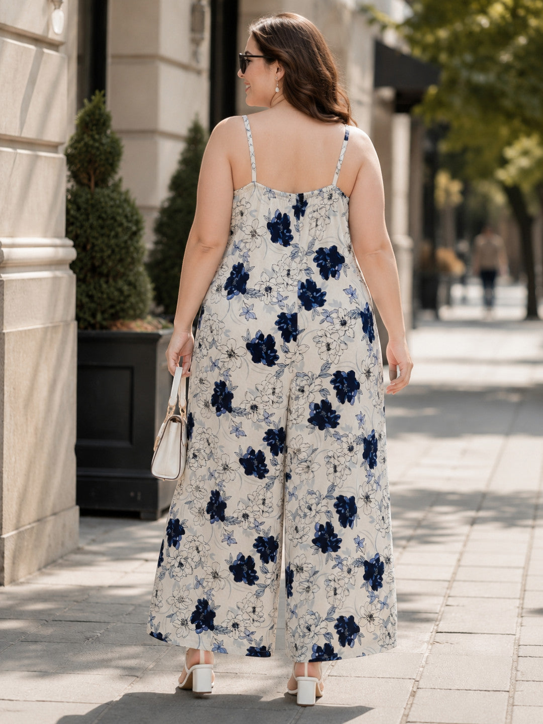 Women Plus Size White Floral Print V-Neck Sleeveless Cotton Dobby Jumpsuit - image 3