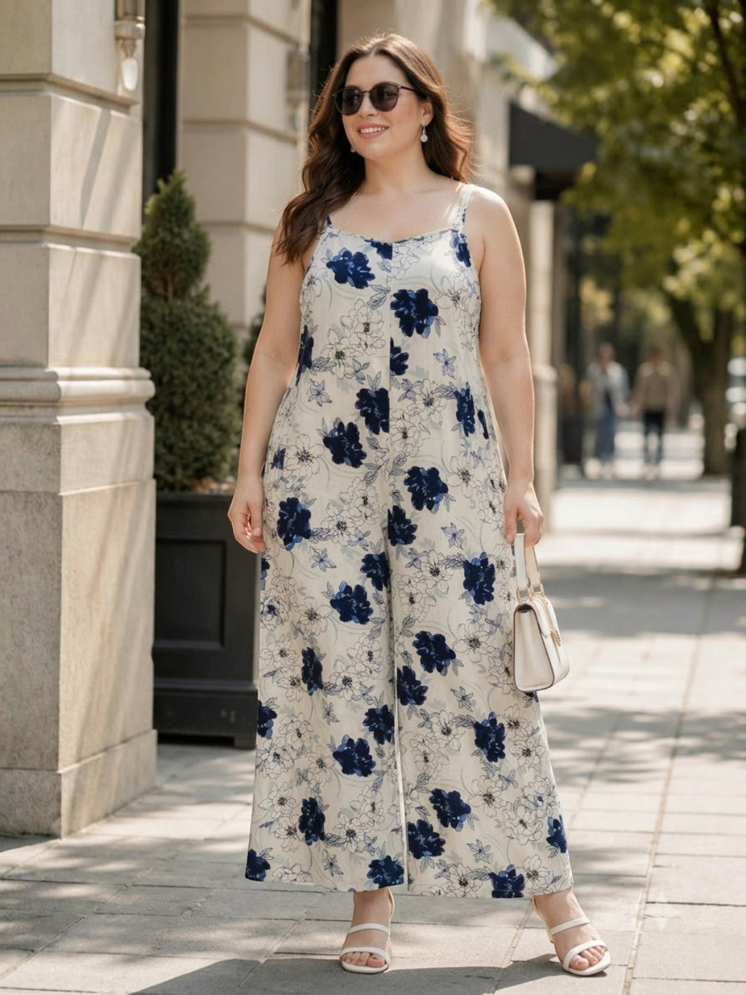 Women Plus Size White Floral Print V-Neck Sleeveless Cotton Dobby Jumpsuit - image 5