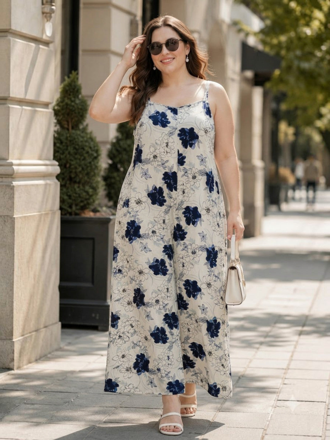 Women Plus Size White Floral Print V-Neck Sleeveless Cotton Dobby Jumpsuit - image 6
