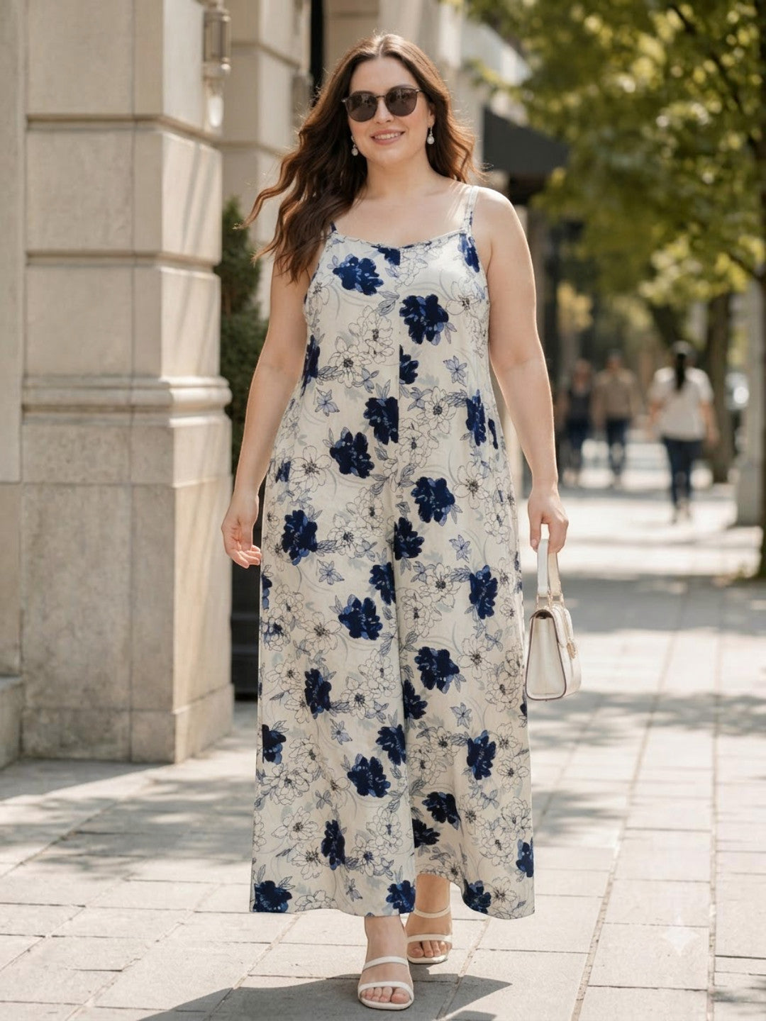 Women Plus Size White Floral Print V-Neck Sleeveless Cotton Dobby Jumpsuit - image 7