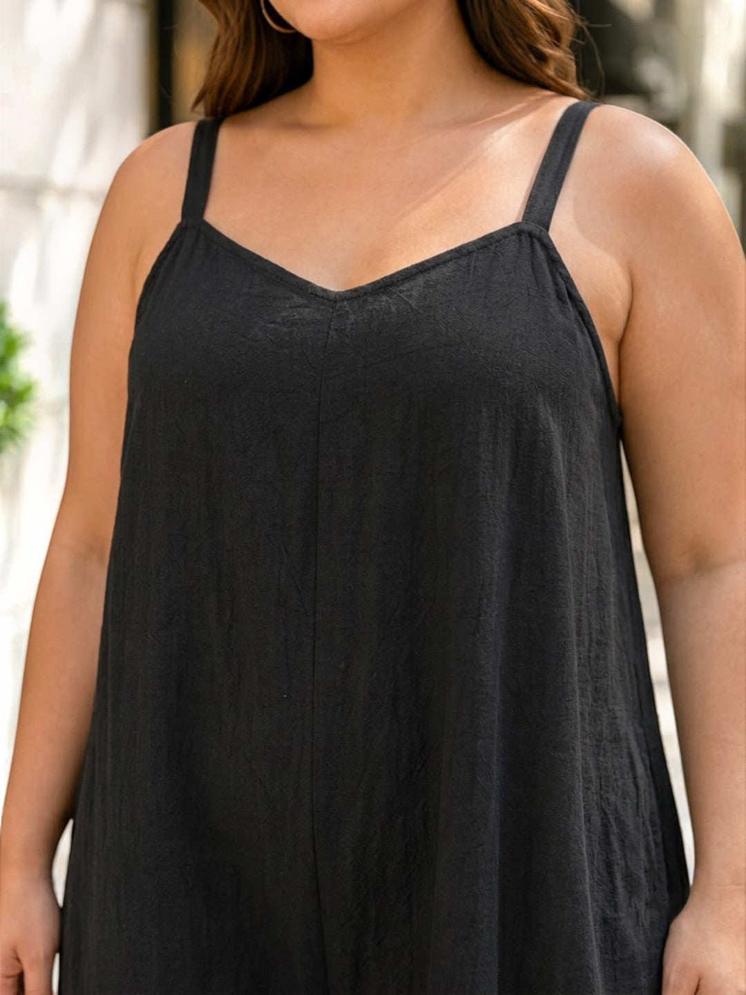 Women Plus Size Solid Black V-Neck Sleeveless Dobby Jumpsuit - image 3