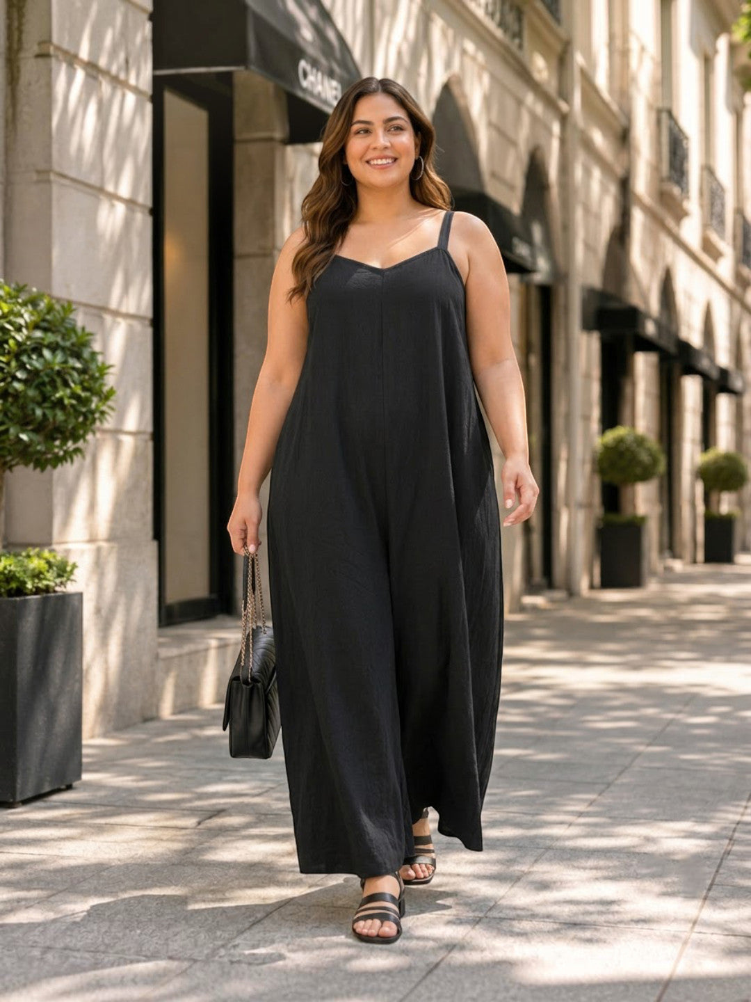 Women Plus Size Solid Black V-Neck Sleeveless Dobby Jumpsuit - image 5