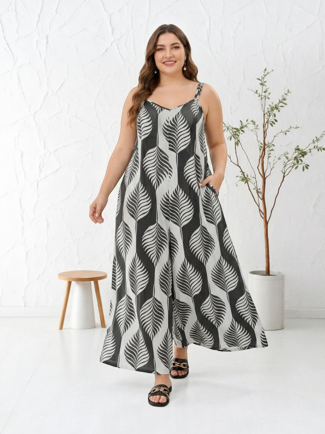 Women Plus Size Multicolor Leaf Print V-Neck Sleeveless Jumpsuit - image 1